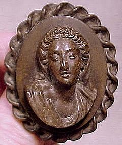 GREEK BEAUTY Early VULCANITE CAMEO PIN c1870
