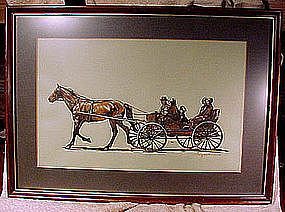Signed MENNONITE FAMILY in HORSE & BUGGY INK DRAWING