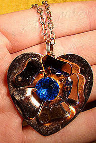 CORO CRAFT GILT STERLING HEART PENDANT NECKLACE c1940s