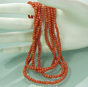 Dainty Art Deco Carved Coral 52 Inch Sautoir Necklace
