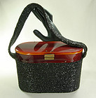 1940s Black Glass Caviar Beaded Tortoise Lucite Bag