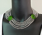 1930s Green Glass Paste Scarabs Rock Crystal Necklace