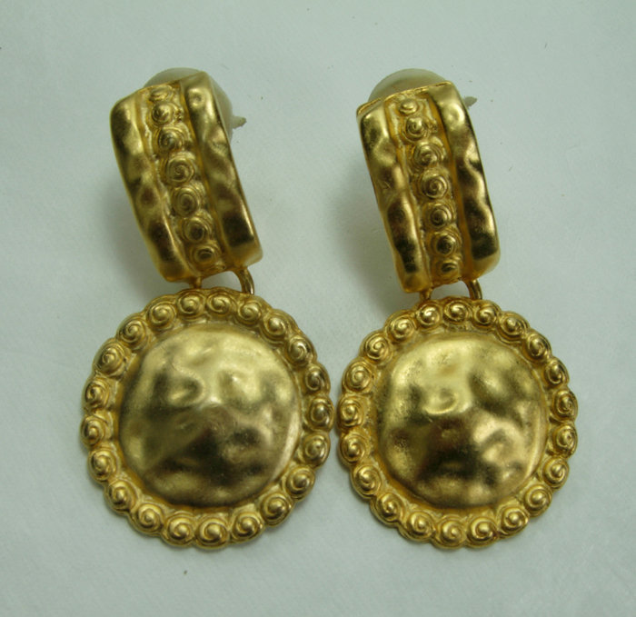 80s Barbaric Style Faux Coin Hammered Goldtone Earrings
