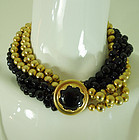 1970s Anne Klein Couture Black Glass Goldtone Necklace Statement Size