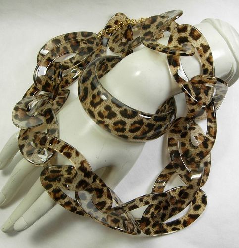 Signed Kenneth J Lane KJL Leopard Lucite Chain Necklace Bracelet Set