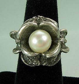 Heavy Antique Arts & Crafts Sterling and Pearl Ring