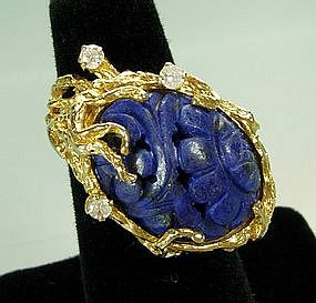 14KT Gold Chinese Carved Lapis Diamond Cocktail Ring