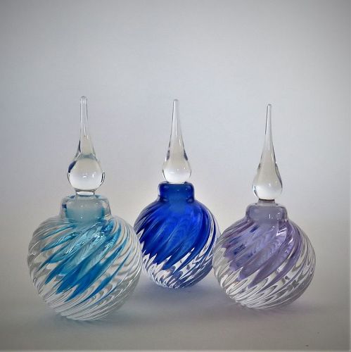 Three Vintage Vandermark Signed Ribbed Art Glass Perfume Bottles