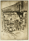 Joseph Pennell, etching, "The Bridges, from Brooklyn"