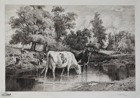 Peter Moran, etching, "Crossing the Ford," c. 1886-87