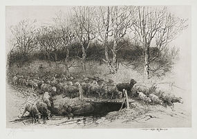 John Austin Sands Monks, etching, "Herd Returning Home"