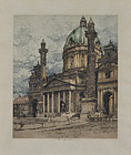 Luigi Kasimir, etching, "Charles Church, Vienna" 1925