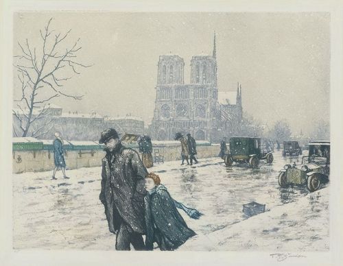 Tavik F. Simon, etching, "Notre Dame in Winter"