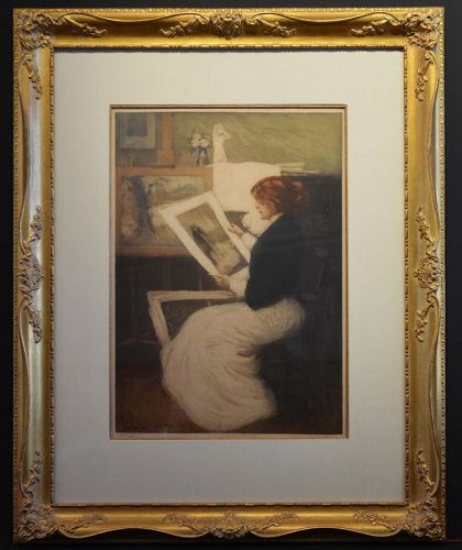 Manuel Robbe etching,  Femme A L'Estampe