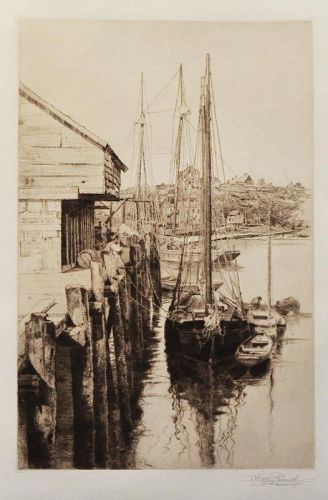 Stephen Parrish etching, Gloucester Wharf,1886