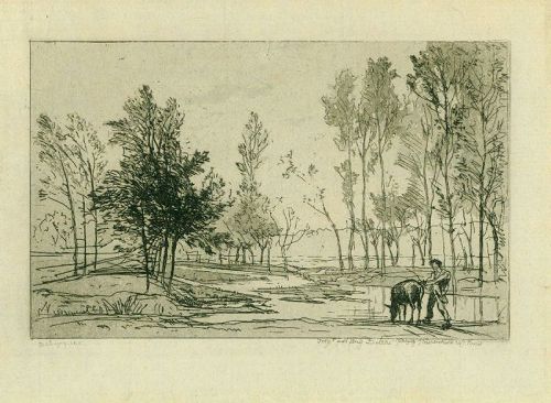 Charles Daubigny etching, L'Ane a L'abreuvoir, 1848