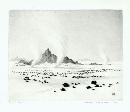 George Elbert Burr etching, Whilwinds Mojave Desert