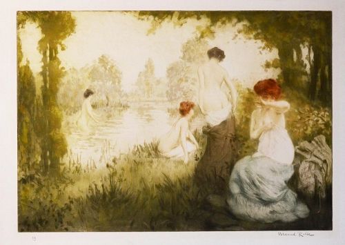 Manuel Robbe etching, Les Baigneuses, pencil signed
