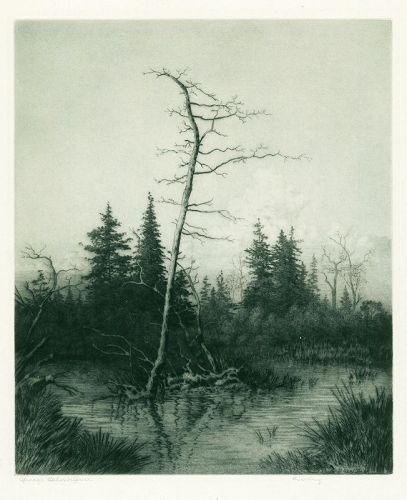 George Elbert Burr etching, Evening, pencil signed