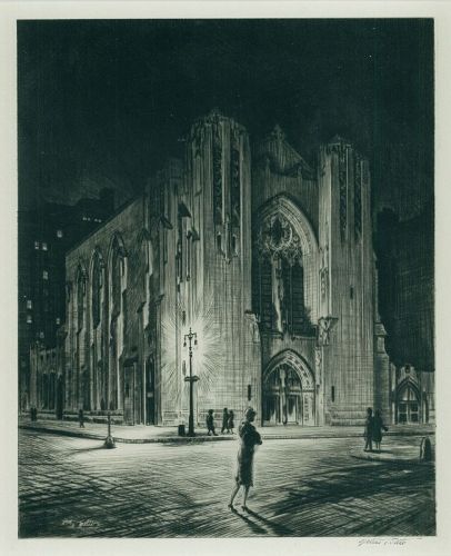 Walter TIttle etching, Church Heavenly Rest, NY 1930