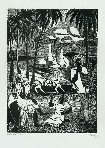 Albert Huie, Jamaican woodblock print, Seaside