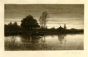 Charles Mielatz, Etching, "Pond with Rowboat"