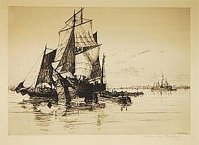 Charles Mielatz, Etching, "Whalers in the Harbor"