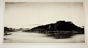Fred Farrell, Etching, "Village by a Lake"
