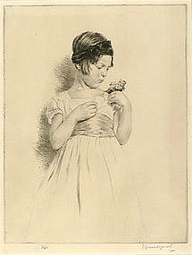 Lucien Grand-Gerard, Etching, Young Girl with Flowers"