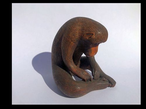 Japanese Wooden Okimono of a Monkey, Signed Ryomin