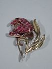 American Retro Ruby and Diamond 14K Gold Flower Brooch