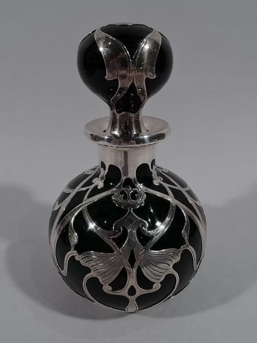 Large Gorham Art Nouveau Green Glass Silver Overlay Perfume