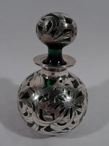Large Antique American Art Nouveau Green Glass Silver Overlay Perfume