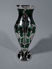 Pretty American Art Nouveau Green Glass & Silver Overlay Vase