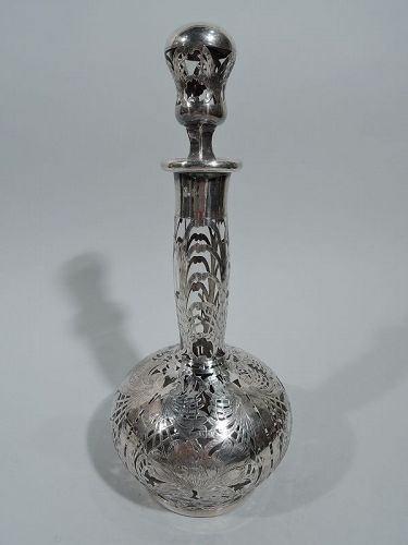 Tall Antique American Art Nouveau Silver Overlay Decanter