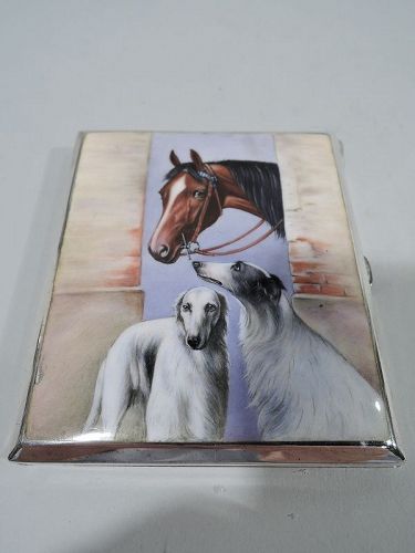 Antique European Silver & Enamel Horse Case with Borzoi Dogs