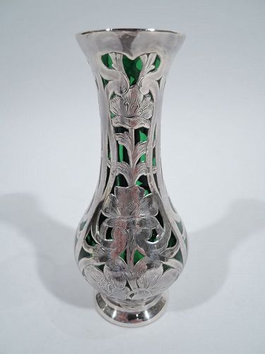 Antique Alvin American Art Nouveau Green Silver Overlay Vase