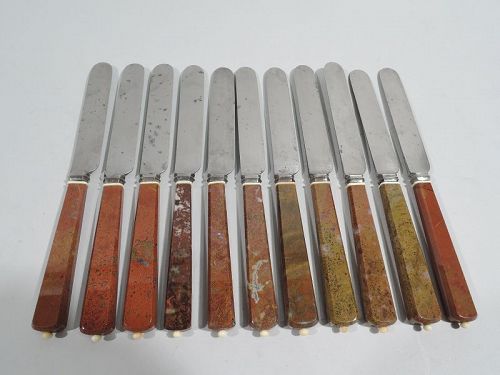 Set of 11 Antique English Victorian Dinner Knives with Agate Handles