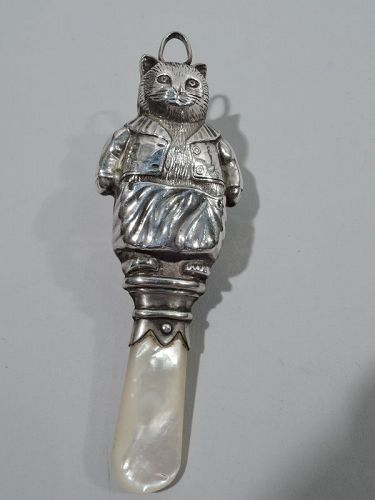 Delightful English Victorian Sterling Silver Kitty Cat Rattle