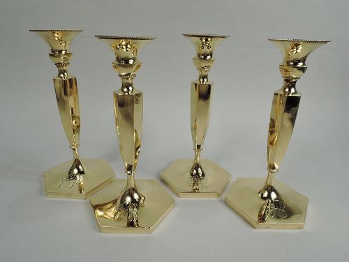 Set of 4 Antique Gilt Sterling Silver Candlesticks by New York Maker