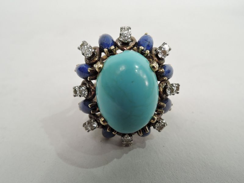 Bold American Modern Turquoise, Lapis, and Diamond Cocktail Ring