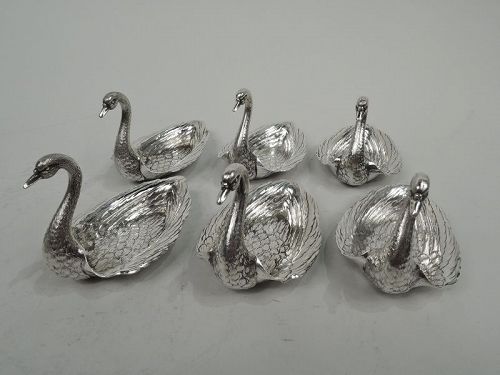 Set of 6 Gorham Edwardian Classical Silver Figural Swan Nut Dishes