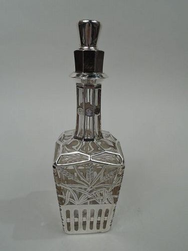 Antique American Art Nouveau Silver Overlay Rye Whiskey Decanter