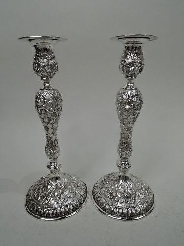 Pair of Antique Baltimore Repousse Sterling Silver Candlesticks
