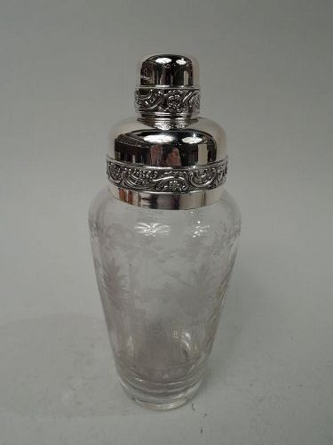 Antique American Edwardian Sterling Silver & Glass Cocktail Shaker
