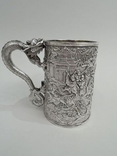 Large Chinese Silver Dragon-Handled Mug with Battle Scene