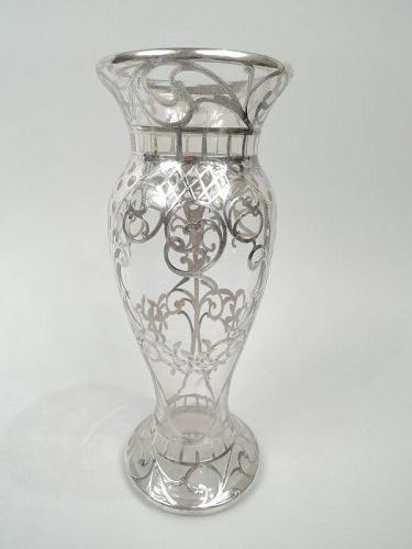Antique American Edwardian Art Nouveau Silver Overlay Vase