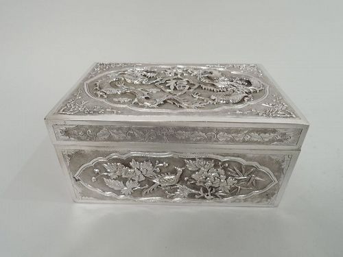 Antique Vietnamese Silver Treasure Box with Guardian Dragons