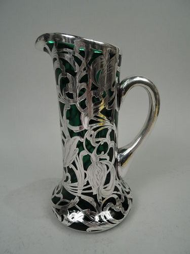 Antique American Art Nouveau Green Silver Overlay Claret Jug