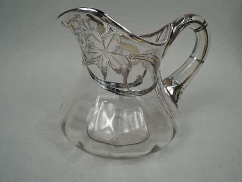 Antique American Art Nouveau Silver Overlay Water Pitcher